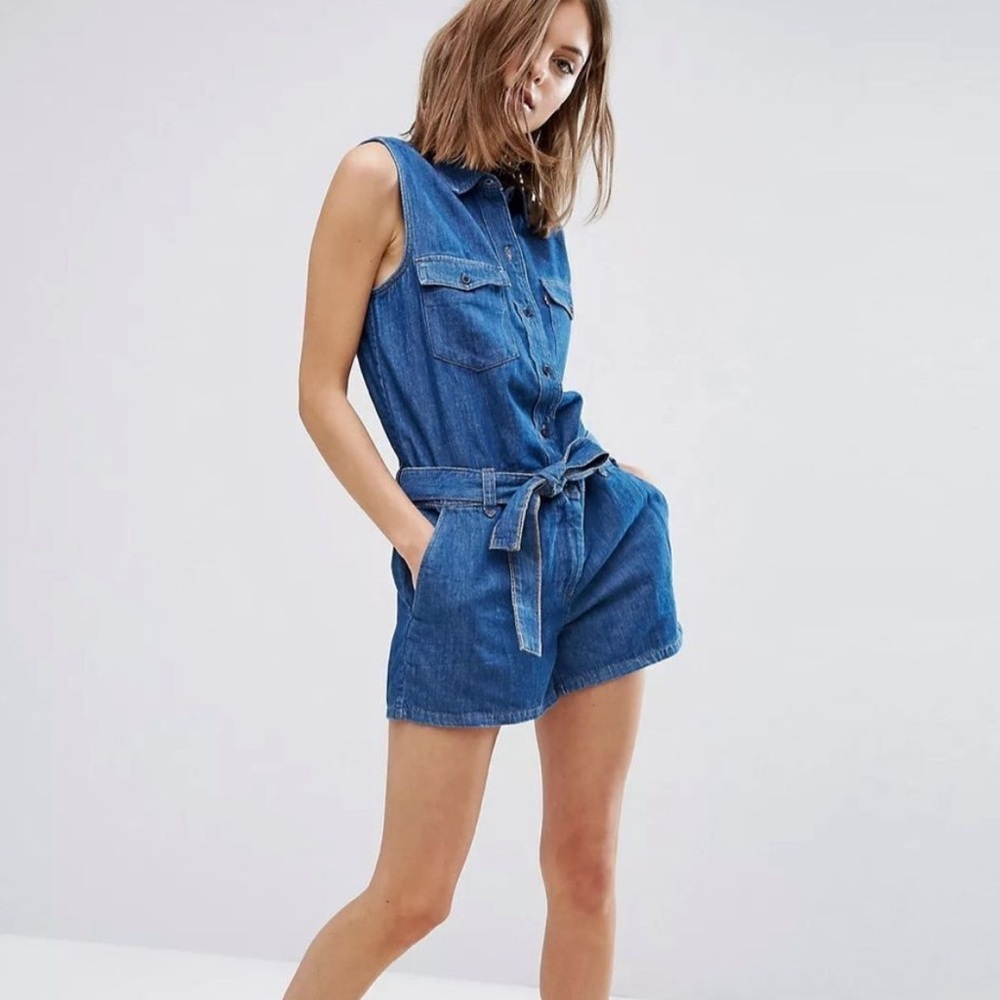 LEVIS 70s Style Denim Romper Coverall Shorts Belted Orange Tab Cotton Hemp